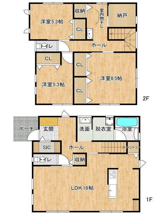 明石市松江　1号地　新築戸建の間取り|●年中無休：当日予約可●1階LDK18帖で広々！3面採光で陽当り・通風良好！2階3部屋洋室に納戸有！