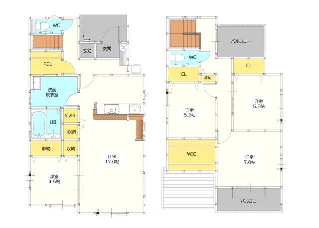みやき町大字原古賀9期　1号棟の間取り|1階の4.5帖の洋室は客間やワークスペースのとして活用可能。ファミリークロークやWICなど豊富な収納を備え、家事動線にも配慮。家族みんなが快適に暮らせる4LDKです。
