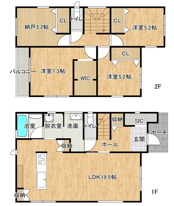 明石市松江　7号地　新築戸建の間取り|●年中無休：当日予約可●1階LDK19.5帖で広々！3面採光で陽当り・通風良好！収納豊富で便利！