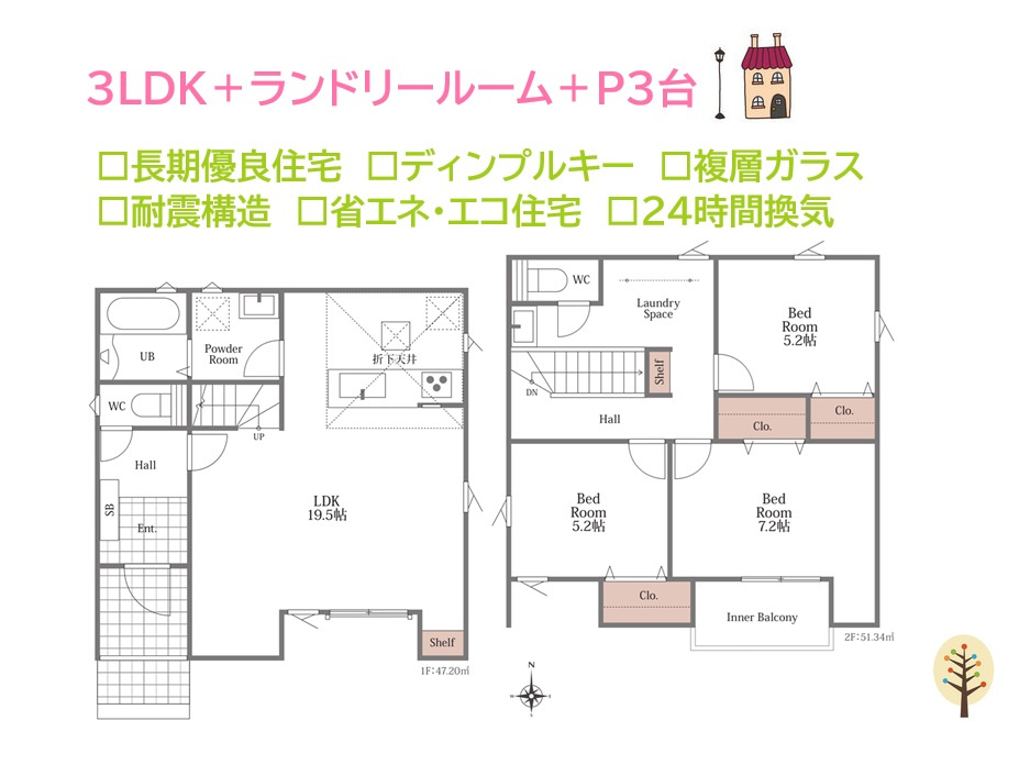平塚市纒1丁目第1期　新築戸建　全1棟の間取り|空間を活かした開放感溢れるゆとりの３ＬＤＫ◎全居室収納付き！
２階にはランドリースペースも備わっております。