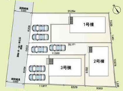 阿見町阿見第7　新築戸建　3号棟の区画図|計3区画の分譲地。建物配置も無理なく、駐車も快適にできます。