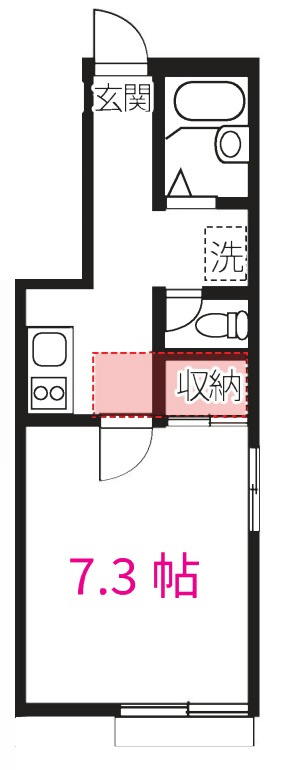 MOCAいこいの間取り|南向き南東角部屋の1K洋室7.3帖バストイレ別ロフト付