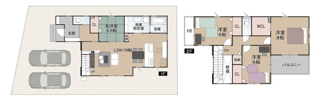 東石立町　新築戸建　1号棟　（全2区画）の間取り|4LDK+WCL　建物面積110.96㎡（約33.56坪）
１階　60.45㎡／2階　50.51㎡　