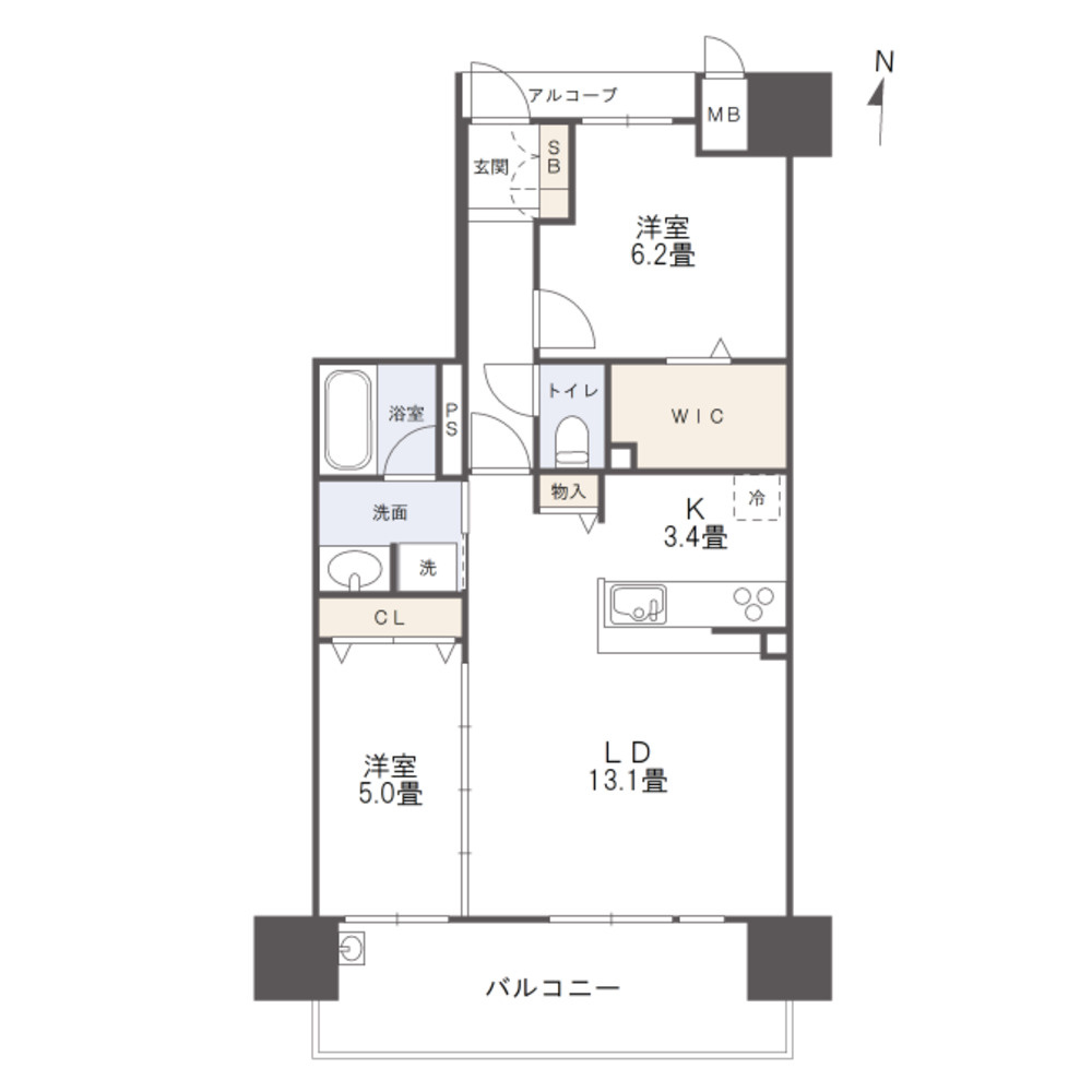 アルファステイツ岡山厚生町の間取り|2LDKのオープンキッチンで開放感があります。