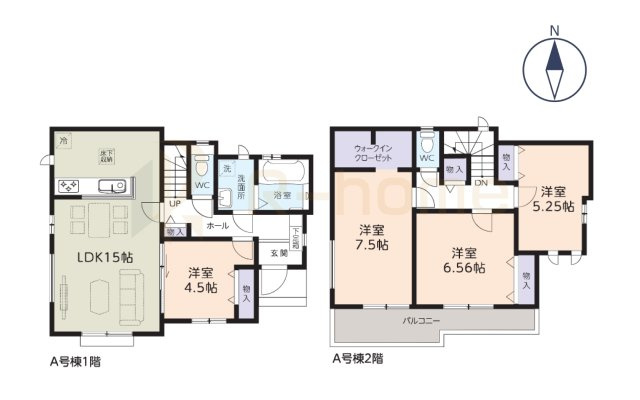 流山市平方　新築戸建て　A号棟の間取り|4LDK＋WIC、土地面積119.37m2、建物面積95.22m2