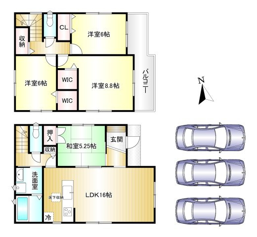 葛城市第６疋田　全4区画の間取り|4LDK　土地面積：140.34ｍ2　建物面積：99.63ｍ2　駐車３台可
