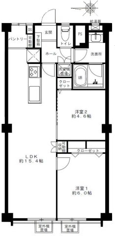 京橋第二コーポの間取り|中古マンション　2LDK　専有面積：58.57㎡（壁芯）　西向き