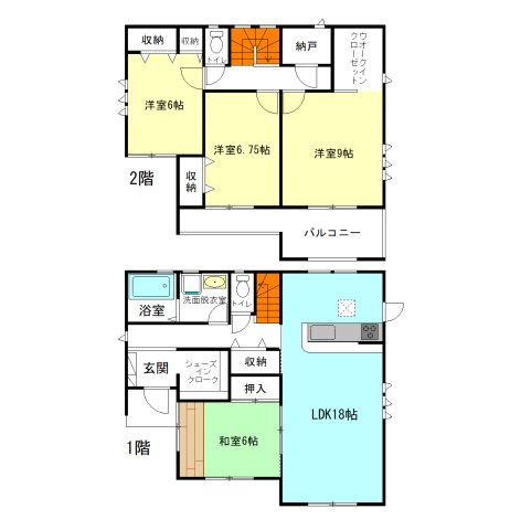 【間取り】 | リーブルガーデン.S高崎市第2乗附町ー③ | 全居室6帖以上+南向きのびのび間取り！
リビングゆったり18帖+6帖続き和室！
玄関には嬉しいシューズインクローク完備！
