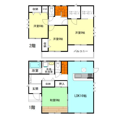 【間取り】 | リーブルガーデン.S高崎市第2乗附町ー② | 全居室6帖以上+南向きのびのび間取り！
リビングゆったり16帖+広々8帖続き和室！
ウォークインクローゼット2ヵ所完備！