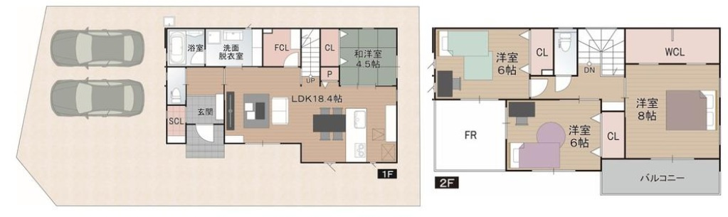 東石立町　新築戸建　2号棟　（全2区画）の間取り|4LDK+WCL+SCL+FCL＋パントリー　建物面積112.20㎡（約33.94坪）
１階　62.10㎡／2階　50.10㎡　
