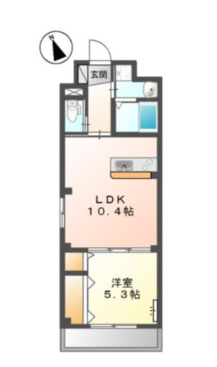 KハウスⅡの間取り|南西向きバルコニー角部屋カウンターキッチンの1LDK
洋室5.3帖には壁一面の収納！