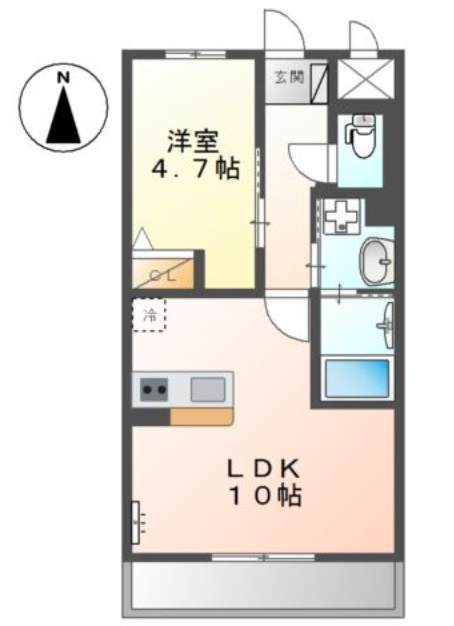 ヴェルデみなみの間取り|南向きリビングカウンターキッチンの1LDK