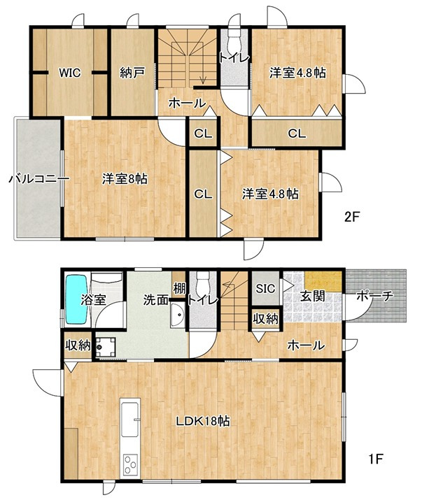 明石市松江　6号地　新築戸建の間取り|●年中無休：当日予約可●1階LDK18帖で広々！3面採光で陽当り・通風良好！2階3部屋洋室に納戸有！