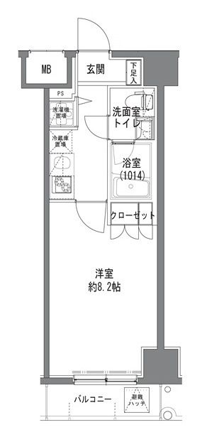 TLRレジデンス大鳥居の間取り|東向きバルコニーの1K洋室広めの8.2帖バストイレ別独立洗面台！
