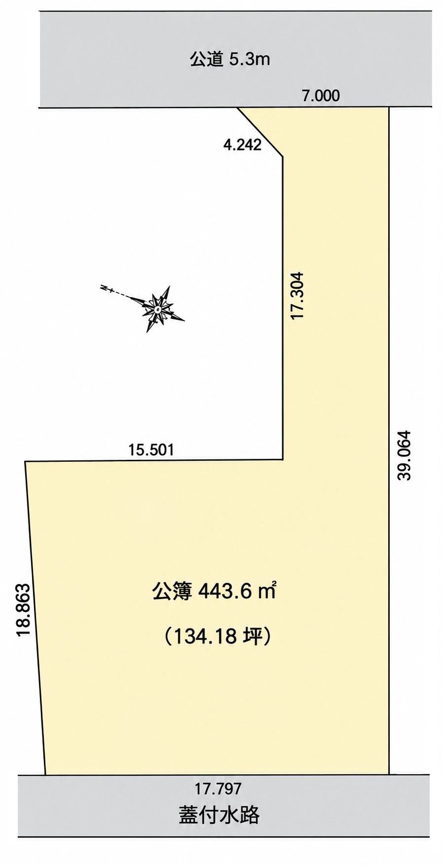 三郷市彦成1丁目　建築条件無し売地の土地図|広々443.6平米の敷地！庭や駐車スペースもゆったり確保可能