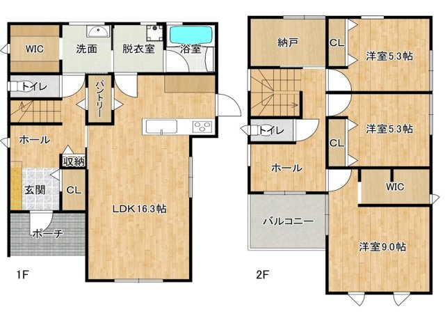 明石市松江　3号地　新築戸建の間取り|●年中無休：当日予約可●1階LDK16.3帖で広々！2面採光で陽当り・通風良好！2階3部屋洋室に納戸有！