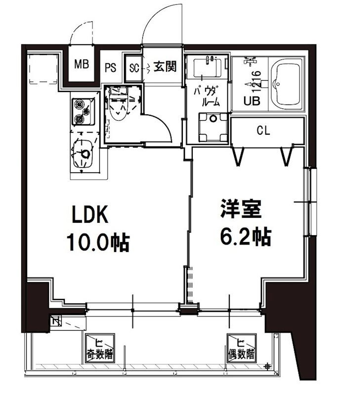 メゾンドアーク南大井の間取り|西向きバルコニー南西角部屋の1LDK
