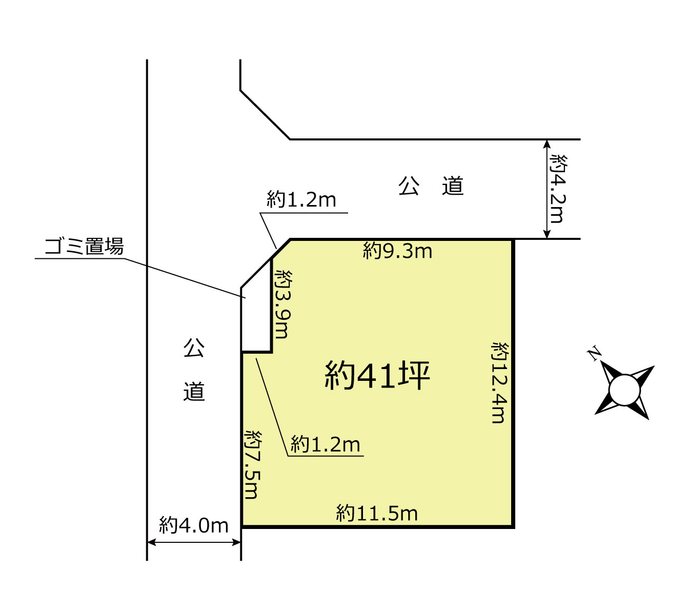『北鴻巣駅』西口17分・約41坪。北東・北西接道の角地の土地図