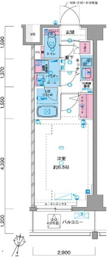 GENOVIA本羽田skygarden（ジェノヴィアホンハネダスカイガーデンの間取り|洋室8.5帖の1Kバストイレ別独立洗面台！