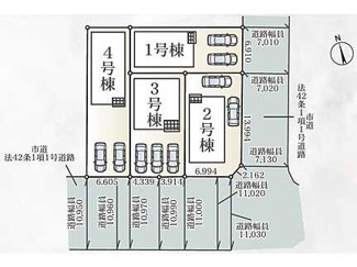 【区画図】 | 大竹市小方1丁目【全4区画】No4　 | 全4区画の開放的な角地を含む分譲地です。前面道路は幅員約7m〜11mとゆとりがあり、お車の出し入れもスムーズ。各住戸には2台〜3台分の駐車スペース（車種による）を確保した、ゆとりある配棟計画です。