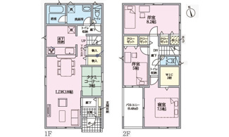 【間取り】 | 大竹市小方1丁目【全4区画】No4　 | 18帖の広々としたLDKに、家事の合間やくつろぎに便利な3帖のタタミコーナーを配置。パントリーや階段下収納、2帖のWICなど、適材適所の収納を設けることで、居住空間を広く使える機能的な設計です。