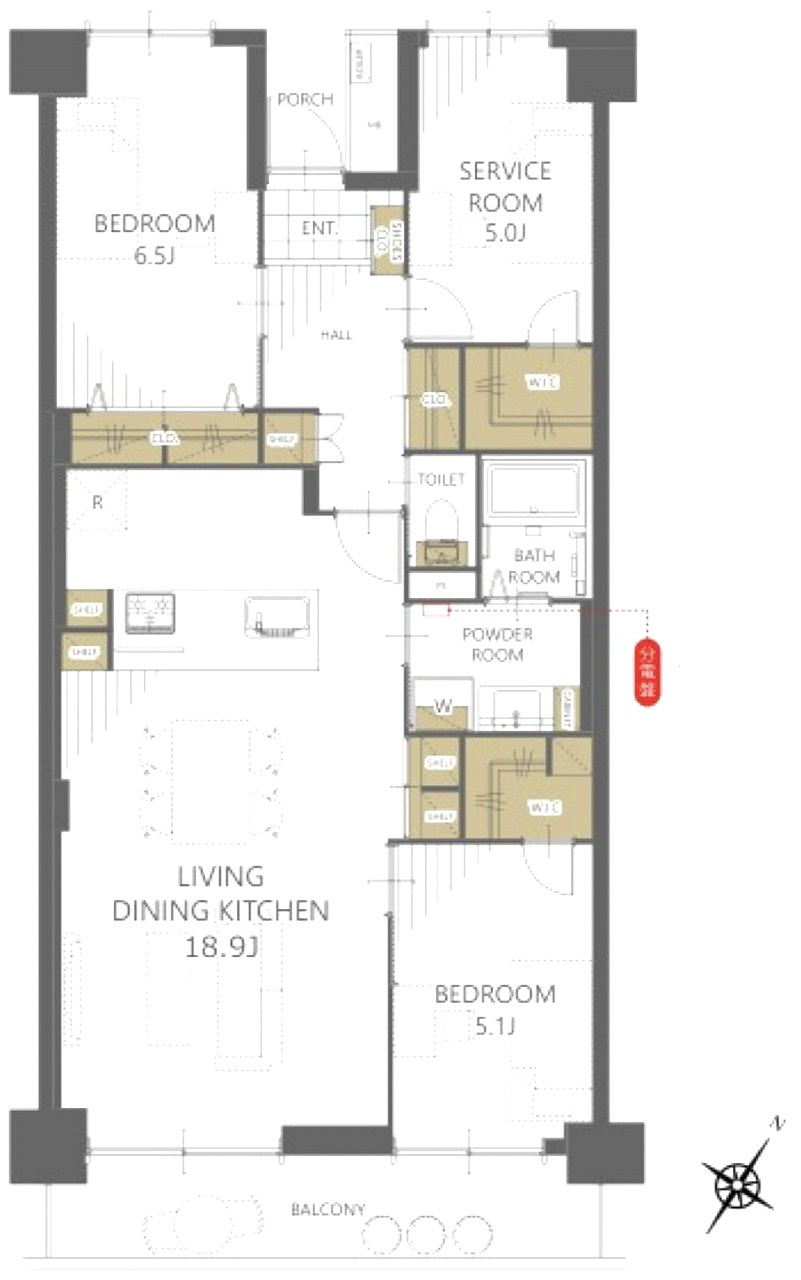 サンライトマンションさつきの間取り|2SLDK、専有面積82.57㎡のゆとりある住空間です。バルコニー面積は9.10㎡あり、採光・通風ともに良好です。生活動線に配慮された間取りで、快適なファミリーライフをお過ごしいただけます。