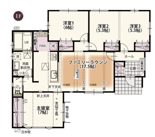 【間取り】 | 太田市東別所町第7期　＜新築平屋建て＞ | 床暖房付17.5帖LDKを中心に、物干金物付の主寝室と将来可変できる洋室を備えた3LDK平屋です