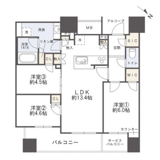 【間取り】 | シエリアタワー中之島 | 【間取り】東向き3LDKプラン！WICやクローゼットもあり各居室収納充実！