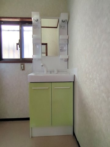 爽やかなグリーンの洗面台。シャンプーや掃除に便利なシャワー付