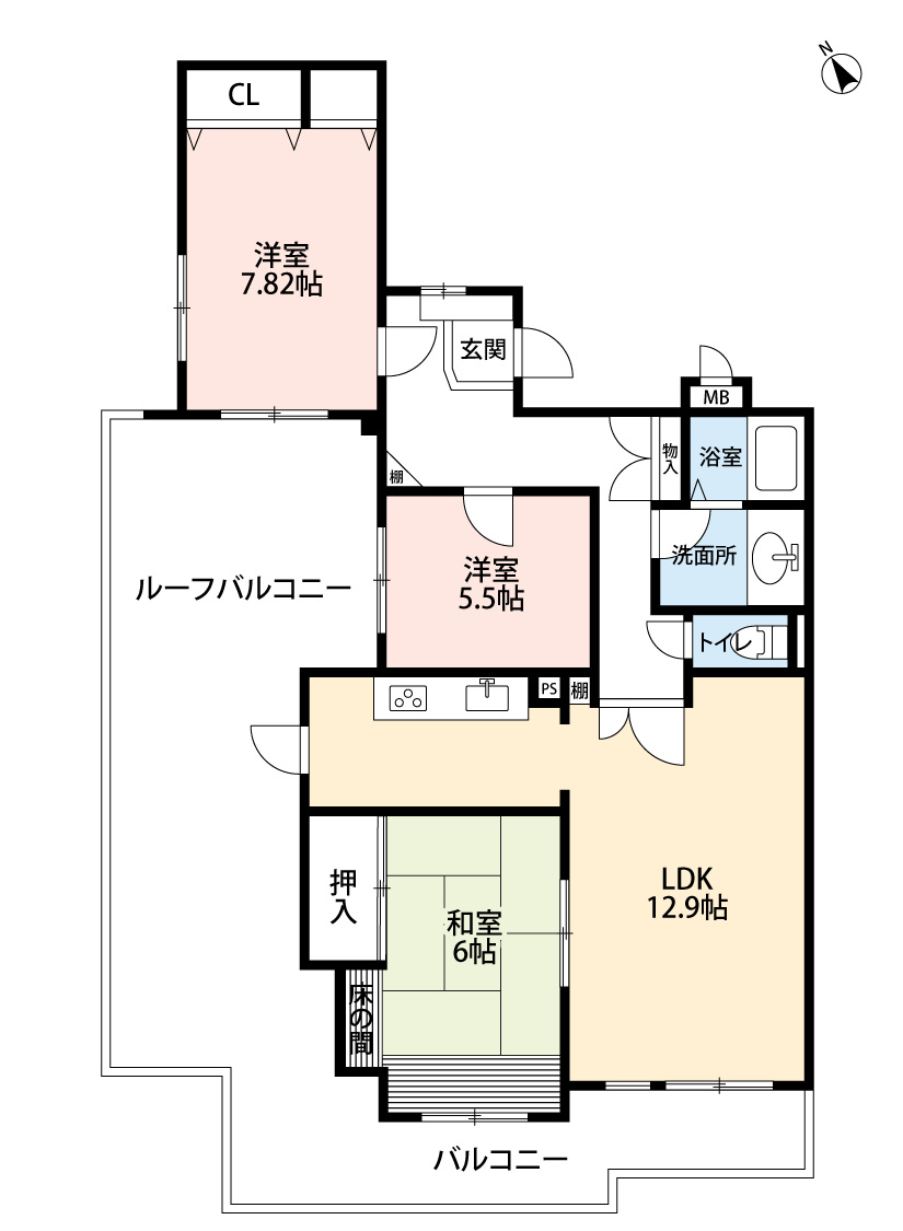 シャトー小牧山の間取り|最上階。南西角部屋。広々ルーフバルコニー。眺望・通風良好♪