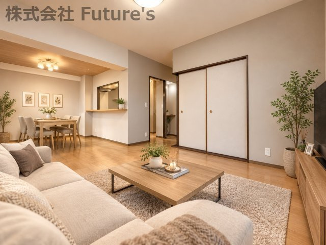 パークフィールドみさと　3街区1号館の居間・リビング|現況の物件写真にCGによる画像処理を行っています。家具、家電、小物、カーテン等はイメージはCGです。