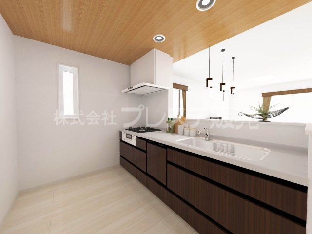 大和郡山市下三橋町の新築一戸建 全２区画のキッチン|２号地キッチン完成イメージ／人気の対面キッチン♪食器洗い乾燥機＆浄水器を標準装備！