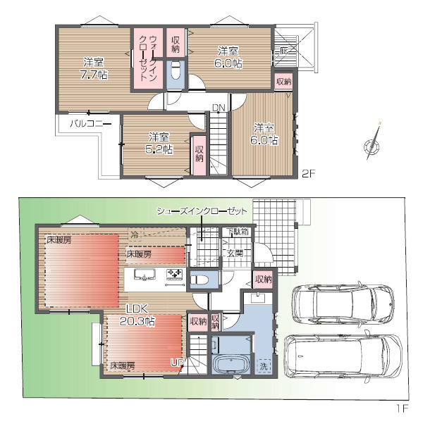 杉並区善福寺4丁目　土地41坪超×LDK20帖超　限定3棟の間取り|A号棟　4LDK+SIC+WIC+カースペース2台分　敷地面積 137.70ｍ2　建物面積 109.30ｍ2