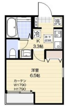 バロス大森の間取り|東向きバルコニーの１K洋室6.5帖バストイレ別独立洗面台！