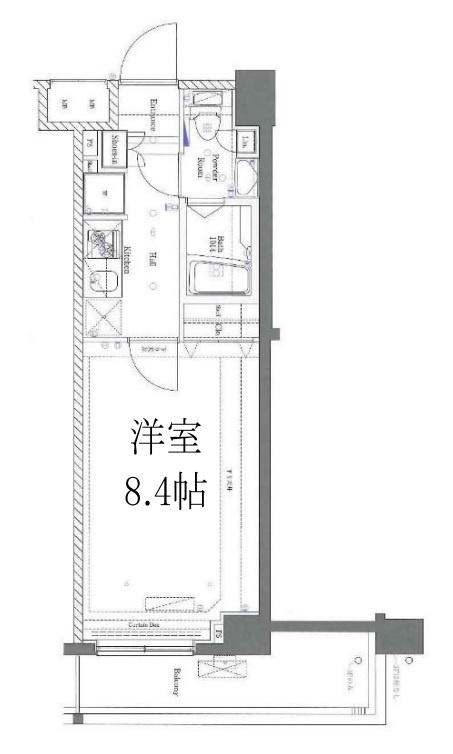 アゼスト千鳥町の間取り|東向きバルコニーの1K広々洋室8.4帖バストイレ別独立洗面台