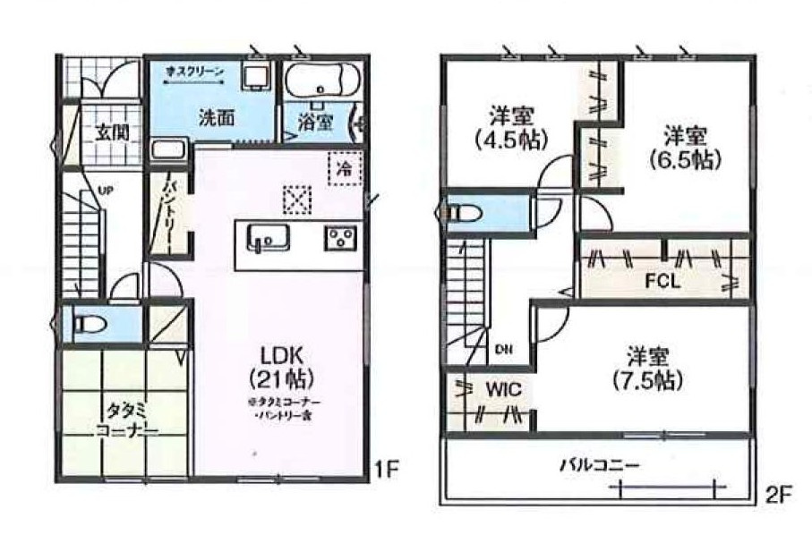 豊明市二村台一丁目10番8『仲介手数料無料』新築一戸建て・建売の間取り|　1号棟　1F:LDK21帖(畳コーナー・パントリー)！ゆとりの洗面室♪2F:洋室7.5帖　WIC設置！洋室6.5帖・洋室4.5帖　CL設置♪ファミリークローゼット！南面バルコニー♪