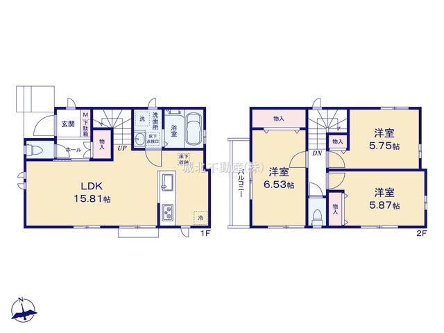 練馬区大泉学園町6丁目 全2棟 B号棟の間取り|建物面積80.21㎡ 2階建て3LDK
1階にリビング+水廻りを配した生活しやすい間取りです
