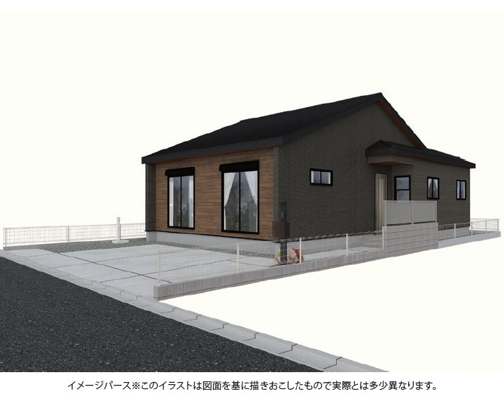 《仲介手数料半額》川越市川鶴3期の外観パース|なかなか出会えない平屋の新築住宅。17帖のLDKや将来2部屋に分けられる10.5帖の洋室など、家族の変化にも対応できる間取りが魅力です。並列2台駐車、長期優良住宅にも対応しています。