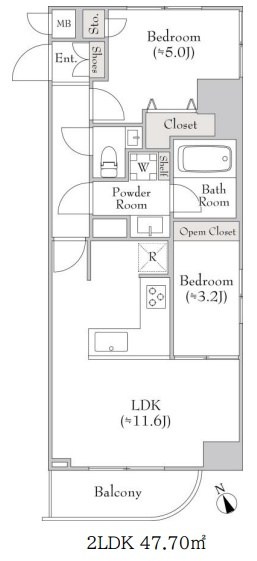 ルミークアン蒲田の間取り|南西向きバルコニー東南角部屋の2LDK