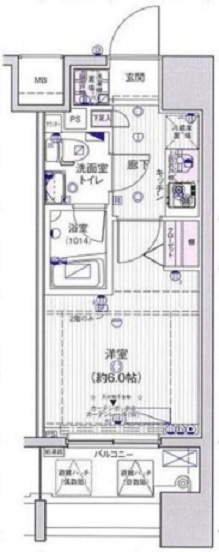 The Valesia Kamata Cityの間取り|南東向きバルコニー洋室6帖の1Kバストイレ別独立洗面台洋室6帖