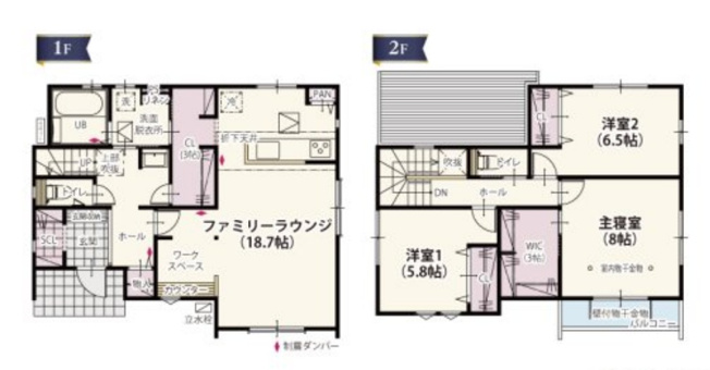 【間取り】 | 前橋市箱田町　新築住宅 | 大空間の18.7帖ファミリーラウンジに加え、玄関にはSCL、各階に収納や物入を備えた豊富な収納が魅力。2階には2.2帖のWIC付き主寝室とカウンター付きの3帖納戸がある快適な間取りです。