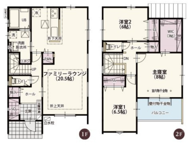【間取り】 | 前橋市箱田町　新築住宅 | 折上天井と折下天井を配した20.5帖の広々としたLDKに加え、玄関にはSCL、キッチン横にはパントリーを配置。2階には3帖のWIC付き主寝室や全居室収納を備えた、収納力と開放感に優れた間取りです。