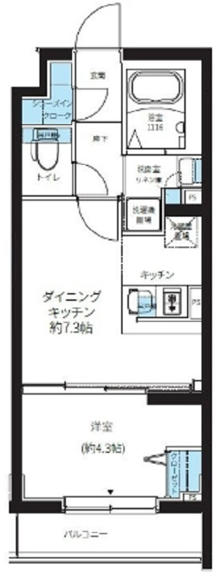 ルネサンスコート大森町の間取り|東向きバルコニーカウンターキッチンの1DK
