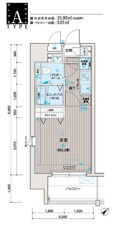 メインステージ蒲田Ⅲの間取り|間取り　角部屋の1K洋室6.3帖バストイレ別独立洗面台