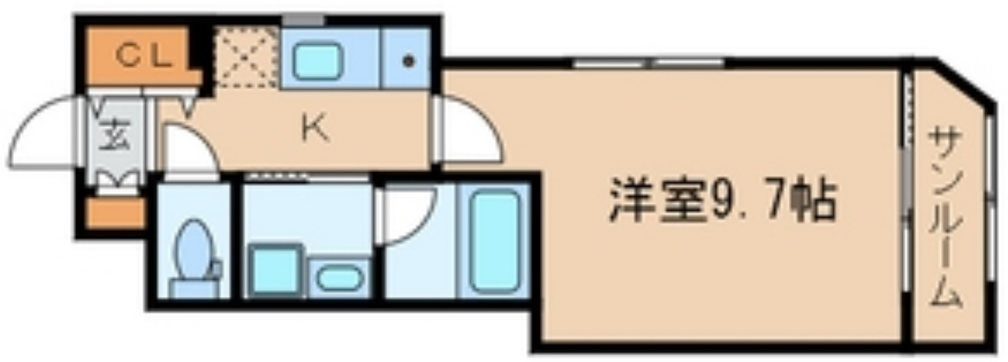 DRマンションⅠの間取り|間取り　サンルーム付1K広め9.7帖バストイレ別独立洗面台
