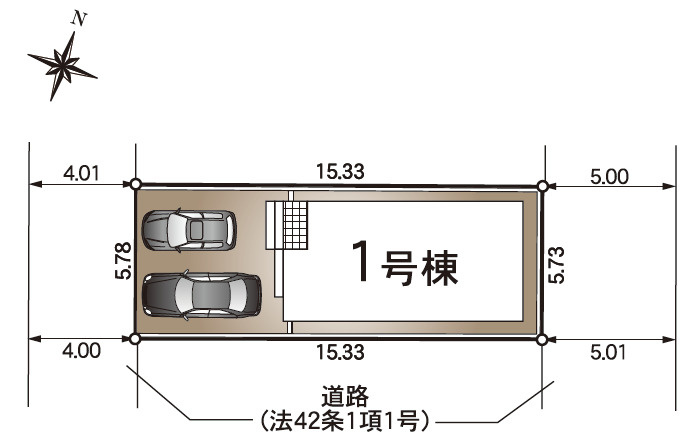 「4.5帖大容量納戸完備」高知市秦南町第1　1棟新築一戸建ての区画図|敷地全体を有効活用！車2台を並列でゆったり駐車できる、ゆとりある敷地配置計画です。