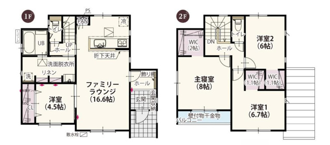 【間取り】 | 太田市内ケ島町第16期　ワイウッドコート | 1階洋室と16.6帖LDKが繋がり、2階全室にWICを備えた収納力豊かな4LDK間取りです。
