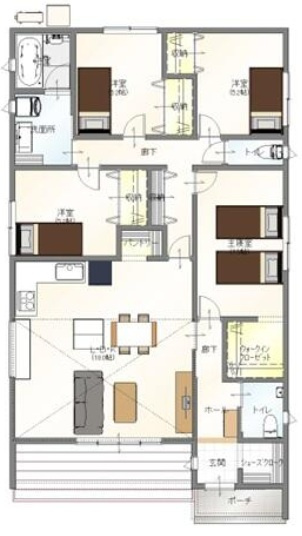 【間取り】 | 伊勢崎市堀下町　平屋　新築住宅 | 広々とした19畳のLDKに、ウォークインクローゼットやシューズクロークなど豊富な収納を完備。家事動線がスムーズで、各居室にプライベート感を持たせた快適な平屋の暮らしを実現する間取りです。