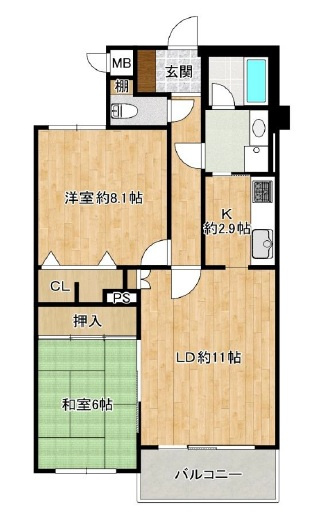 芦屋市月若町の賃貸マンションの間取り