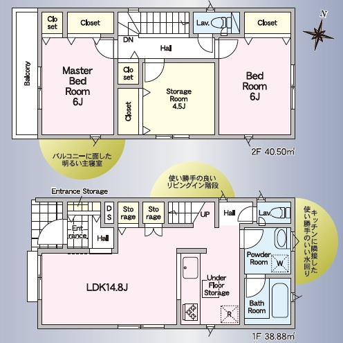 高知市秦南町2丁目 第1 新築戸建ての間取り|4.5帖の納戸をはじめ各所に収納を確保しお部屋を広々使える設計。リビングイン階段で家族のコミュニケーションを育みつつ家事負担を減らす動線が魅力。使い勝手と暮らしやすさを追求した間取り構成。